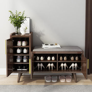 Walnut Upholstered Shoe Storage Cabinet with Door & Shelf Entryway Shoe Storage Bench